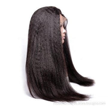 Wholesale Price Kinky Straight Hair Wig Natural Black 150 Density Yaki Human Hair Lace Frontal Wig With Baby Hair